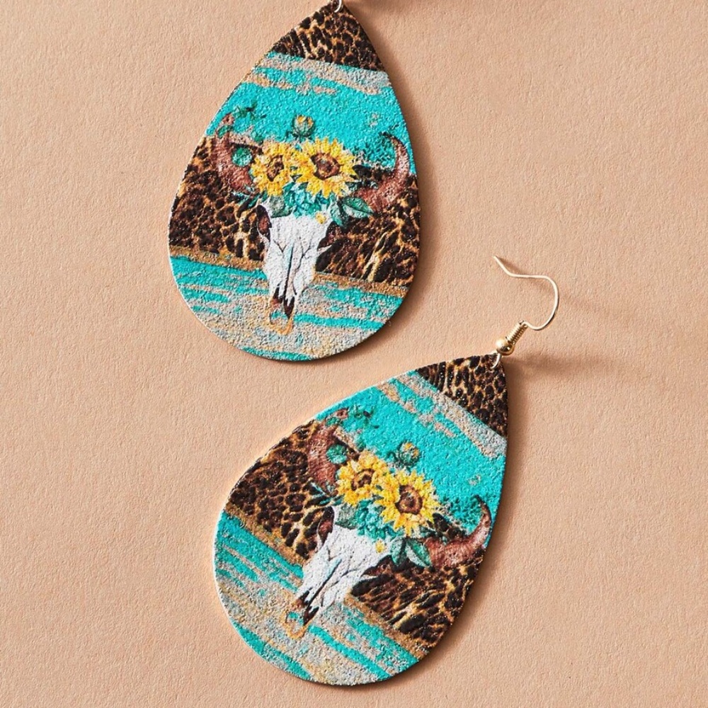 Bohemian Gypsy Sunflower Teal Drop Earrings - Picture 2 of 5